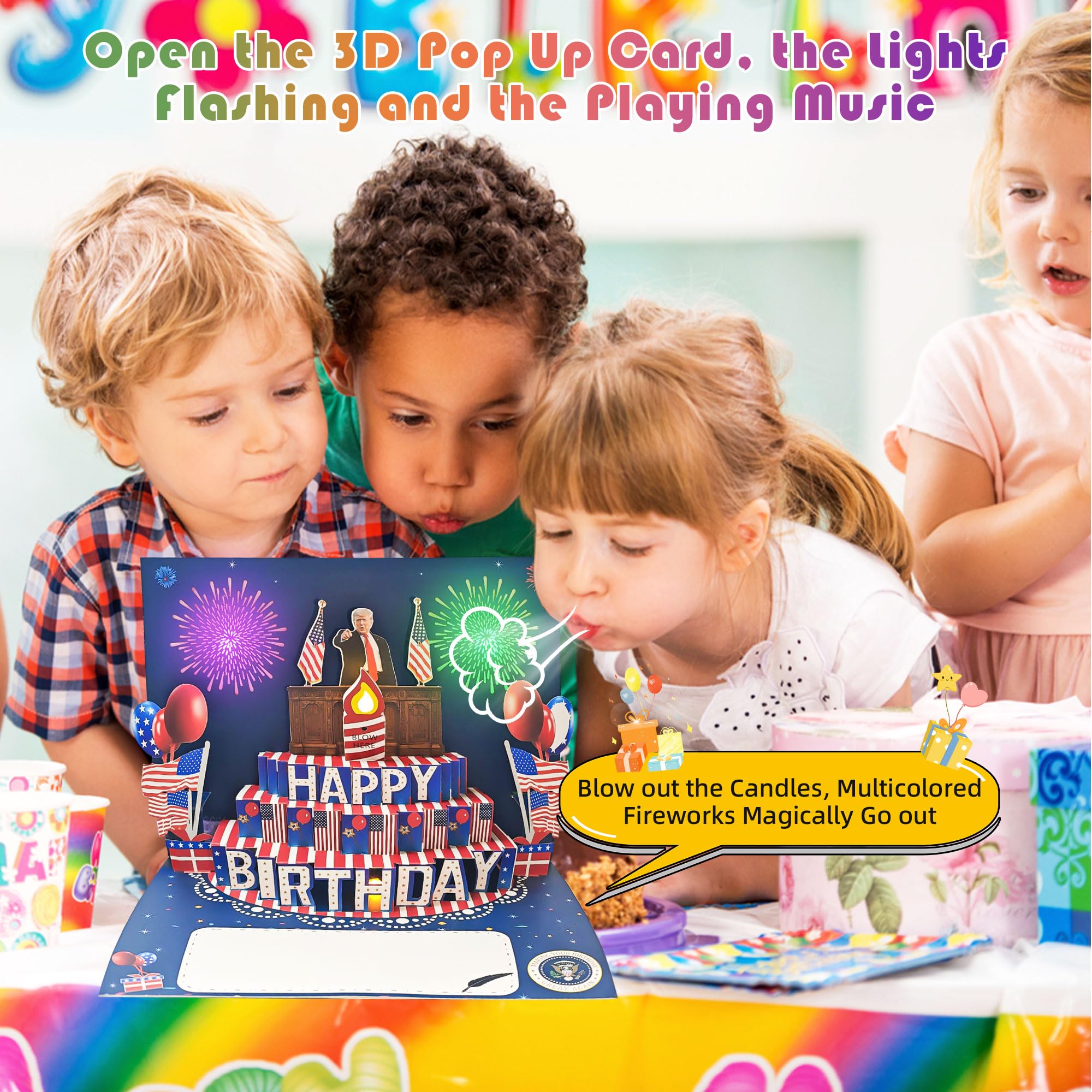 BELLESTILE Donald Trump Birthday Card with Lights and Music,3D Pop Up Fireworks Birthday Card with Blowable Candle,Greeting Cards,Birthday Gifts for Mom Women Men Kids Child Dad Father Wife ﻿