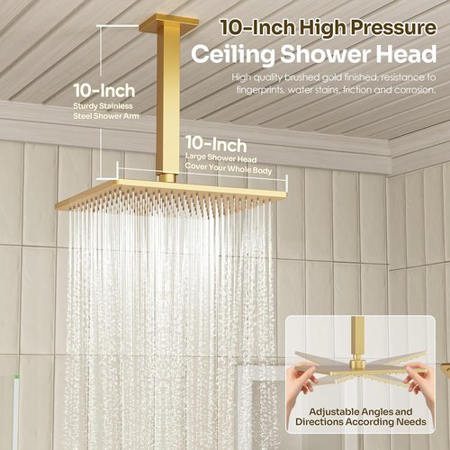 **Regine Switzerland Gold Shower Faucet Set - Brushed Gold 10'' Ceiling & 6'' Wall Mounted Shower Heads | 3-in-1 Handheld Combo**