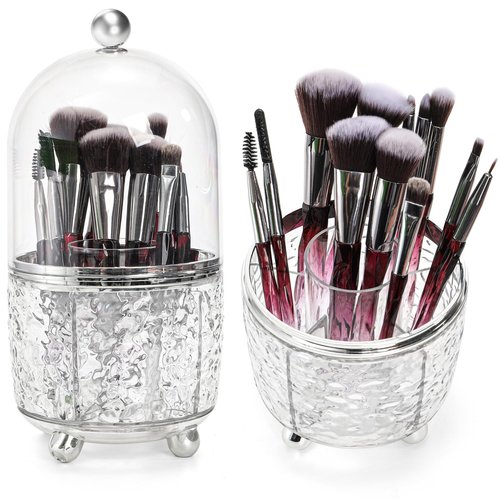 Eorbow Rotating Makeup Brush Holder, Dustproof Cosmetic Tools Organizer with Lid, 360° Spinning Covered Brushes Storage with Anti-slip Pads for Vanity, Bathroom Countertop & Bedside Table, Clear