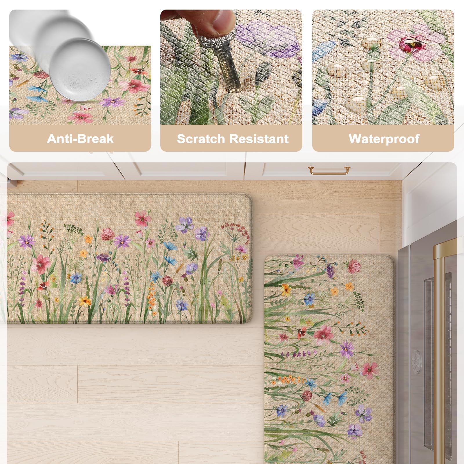 KIMODE Kitchen Anti Fatigue Mats, Farmhouse Flower Kitchen Rugs Sets of 2, Memory Foam Kitchen Mats for Floor, Waterproof Non Skid Standing Mats for Sink Laundry Office Desk Brown 20"x71"+20"x32"