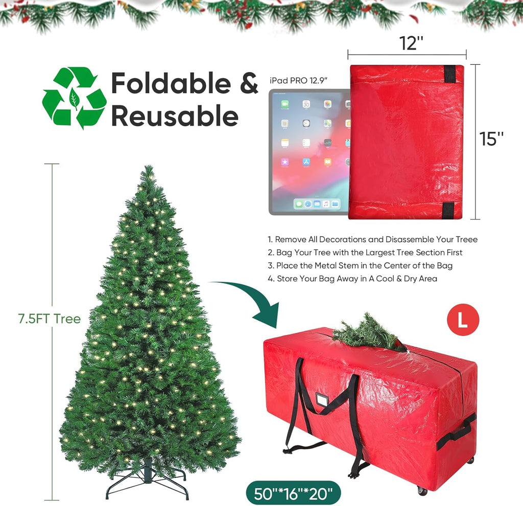 BALEINE Rolling Christmas Tree Storage Bag - 7.5 ft Heavy Duty with 2 Swivel Wheels & Reinforced Handles | Green