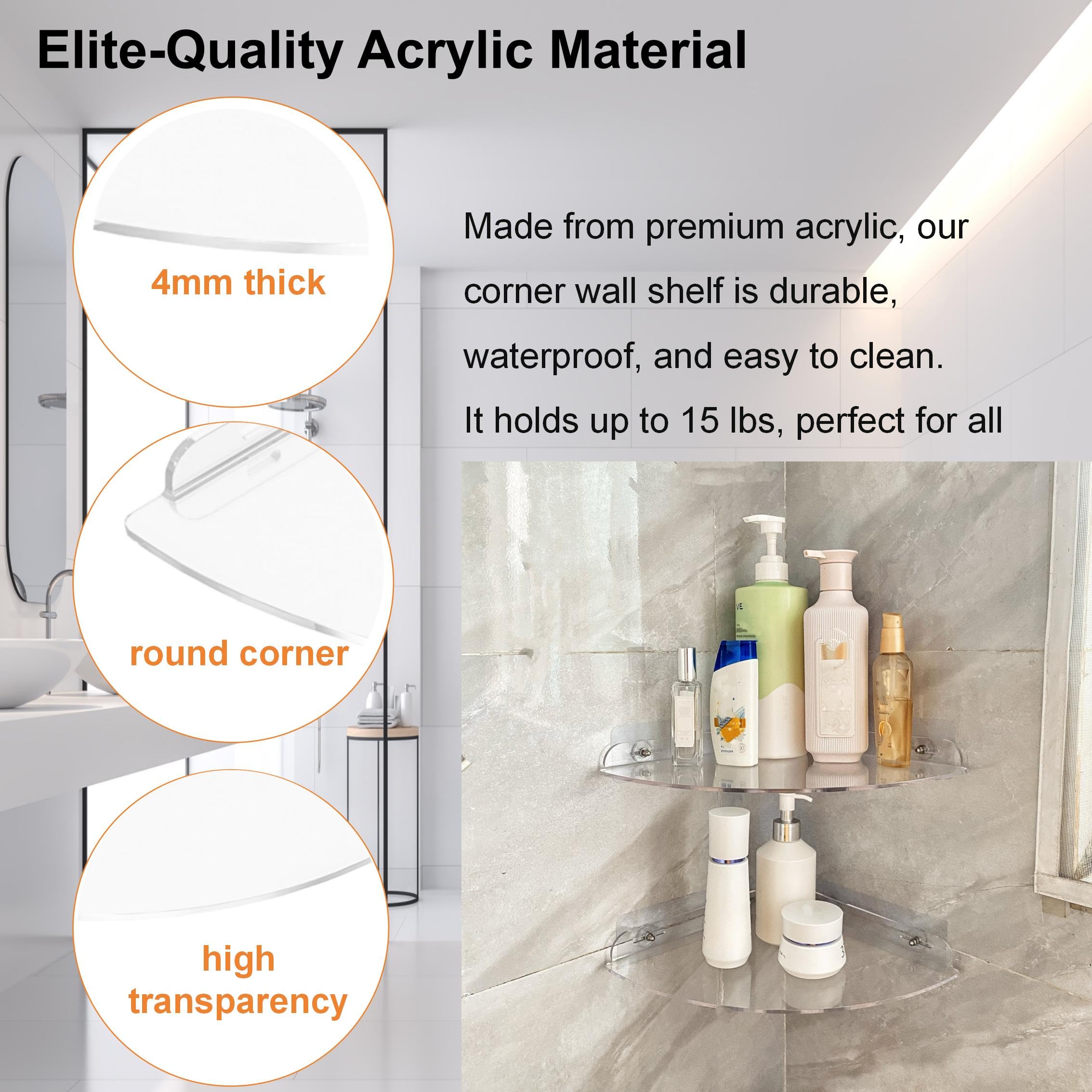 NUTNAPH Acrylic Corner Shelves, Adhesive Shelf, Shower Caddy Organizer for Home Decor,Clear Shower Shelf,No Drilling Wall Mounted Bathroom Shelves (Clear 10 inch 2 set)