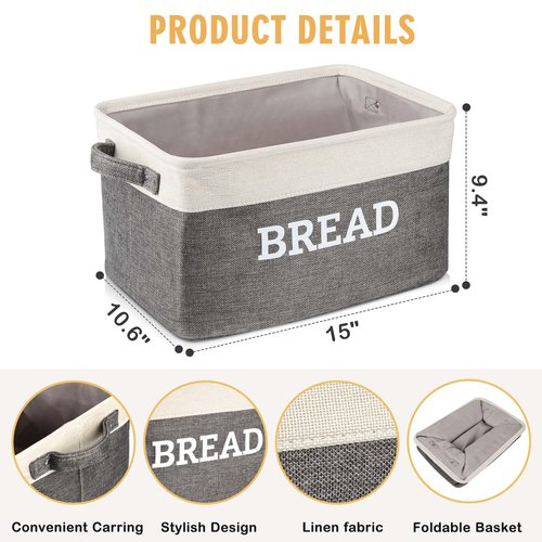 Lukeline Bread Storage Basket for Kitchen, Foldable Fabric Bread Keeper Bread Storage Container Bin with Handles, Bread Baskets for Kitchen Counter and Pantry (White & Grey)