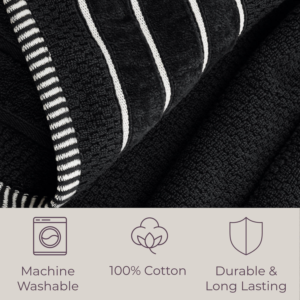 Luxury Cotton Towel Set - Rice Weave 100% Egyptian Cotton 6 Piece Set with 2 Bath Towels, 2 Hand Towels and 2 Washcloths - Black