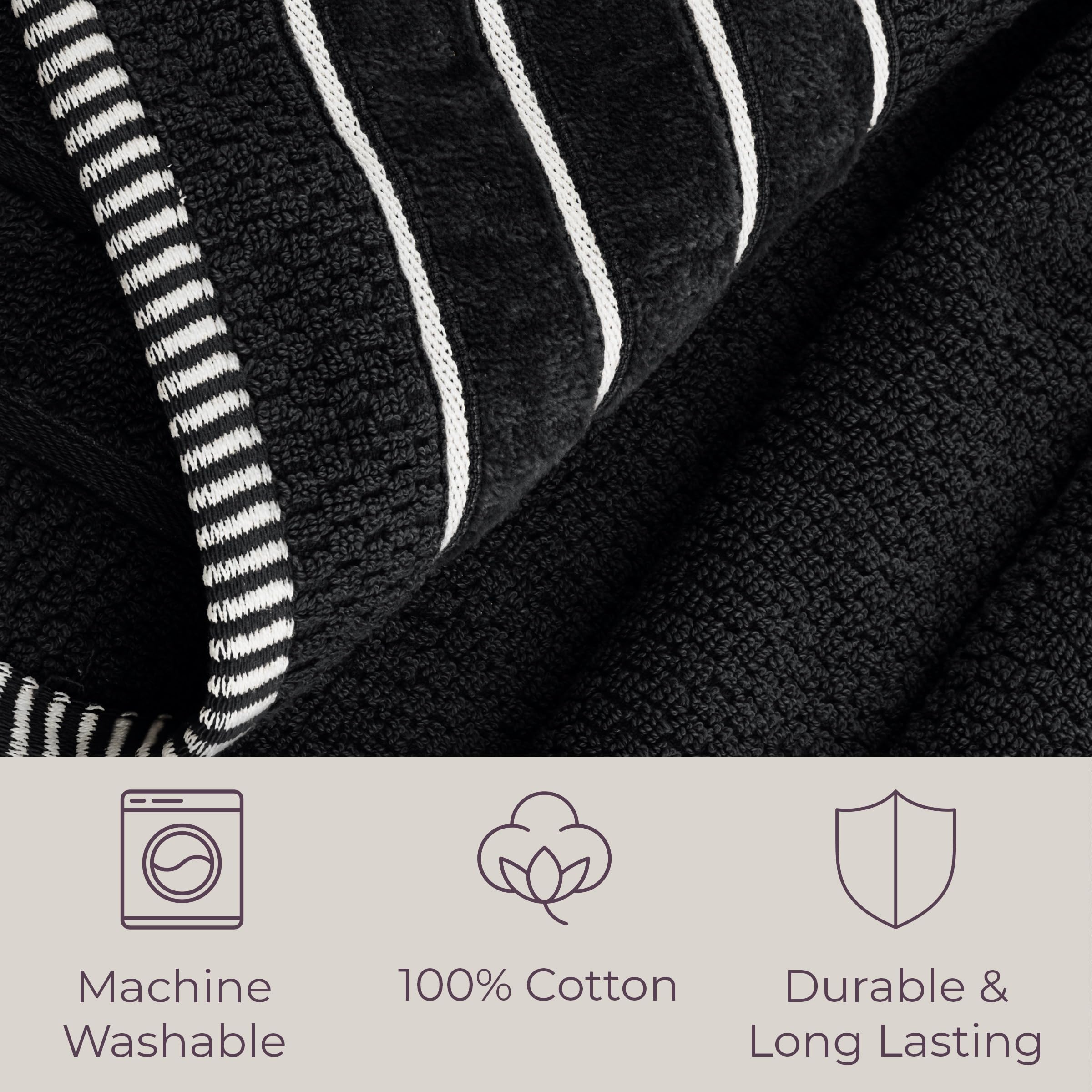 Luxury Cotton Towel Set - Rice Weave 100% Egyptian Cotton 6 Piece Set with 2 Bath Towels, 2 Hand Towels and 2 Washcloths - Black