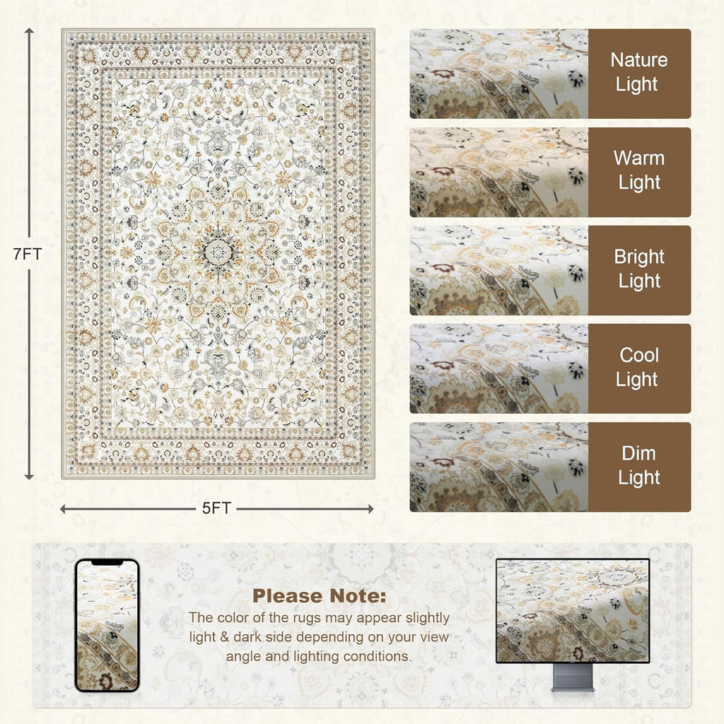 Skiennix 5x7 Area Rug - Washable Vintage Boho Design | Soft, Stain-Resistant Carpet for Living Room, Bedroom, and Office - Beige