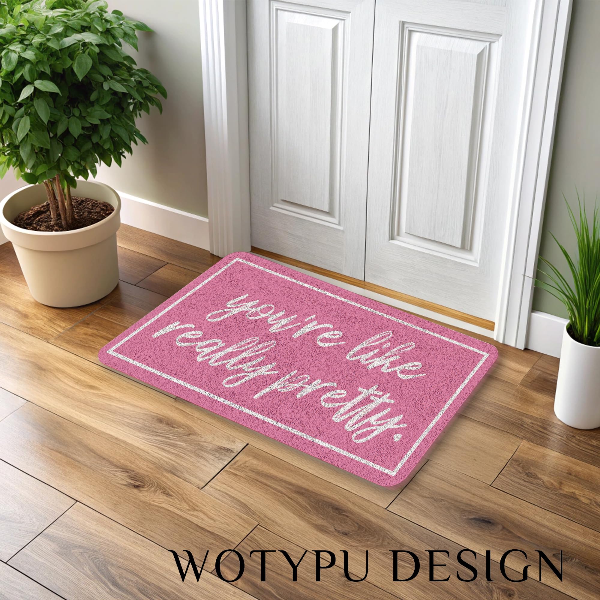 WOTYPU Coquette Pink Door Mat, Trendy Preppy Girly Pink Welcome Mats for Front Door, You're Like Really Pretty Doormat Outdoor Indoor Entrance Entryway, 17x30 Inches