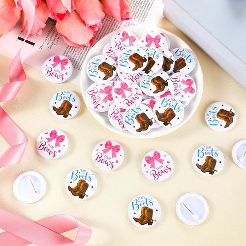 Landical 60 Pcs Boots or Bows Gender Reveal Pins, Funny Baby Shower Team Boots or Bows Gender Reveal Decorations for Party Supplies Blue and Pink Team Button Pins Games Decorations
