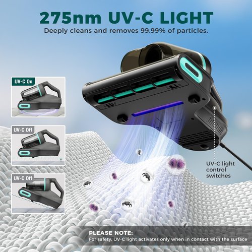 HAUSHOF Mattress Vacuum Cleaner, 15Kpa Bed Vacuum Cleaner with 275nm UV-C Light, 140°F Heat, Aromatherapy, HEPA Filter, Dual Dust Cups, Versatile Handheld Vacuums for Bed, Sofa, Couch, Crib