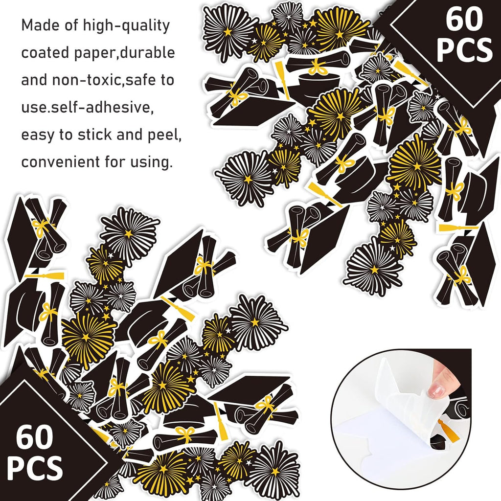 Whaline Graduation Bulletin Board Border - Firework & Cap Design | 69Ft Black, Gold & White Decor