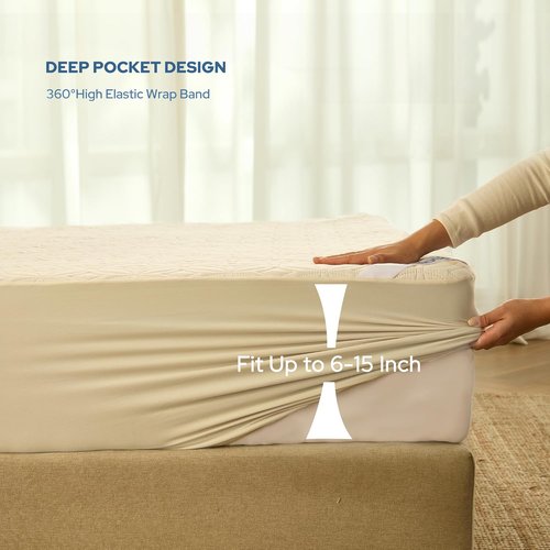 BEDLORE Waterproof Mattress Protector - King Size Noiseless Pad with Deep Pocket 6"-18" Depth | Soft, Breathable, Washable Cover (Beige)