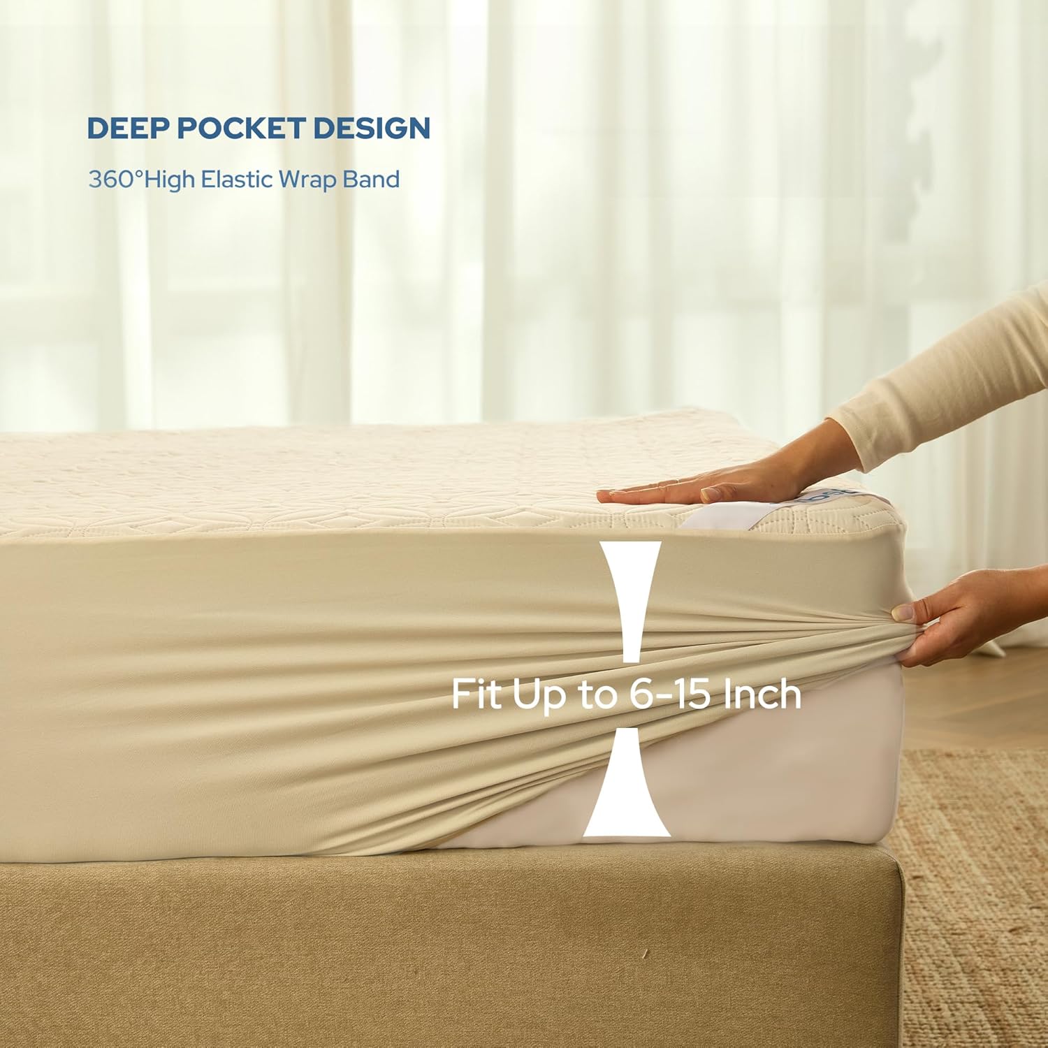 BEDLORE Waterproof Mattress Protector - Noiseless Queen Size Pad with Deep Pocket 6"-18" Depth | Soft, Breathable, Washable Cover (Beige)