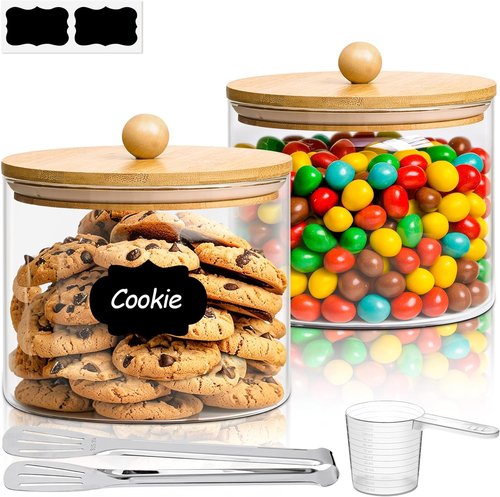 ComSaf Half Gallon Cookie Jar - Large Glass Food Storage Containers Set of 2 | 1.8 Qt for Flour, Sugar, Candy, Cereal, Nuts, Beans