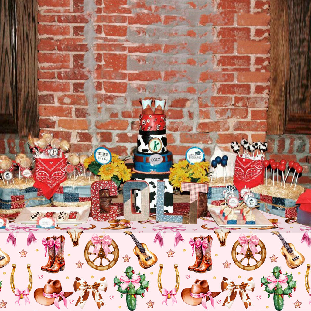 umoni Cowgirl Party Supplies Pink Western Cowgirl Tablecloth 2PCS Coquette Cowgirl Party Supplies Tablecover Disposable Wild West Guitar Bow and Boot Table Cover for Birthday Baby Shower Decor