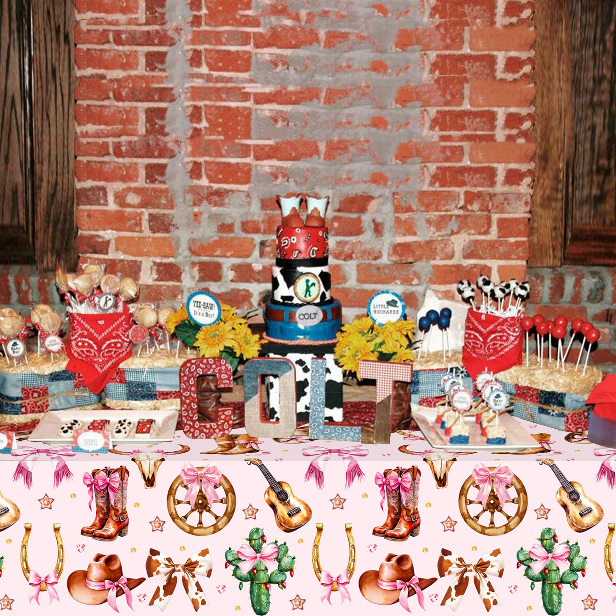 umoni Cowgirl Party Supplies Pink Western Cowgirl Tablecloth 2PCS Coquette Cowgirl Party Supplies Tablecover Disposable Wild West Guitar Bow and Boot Table Cover for Birthday Baby Shower Decor