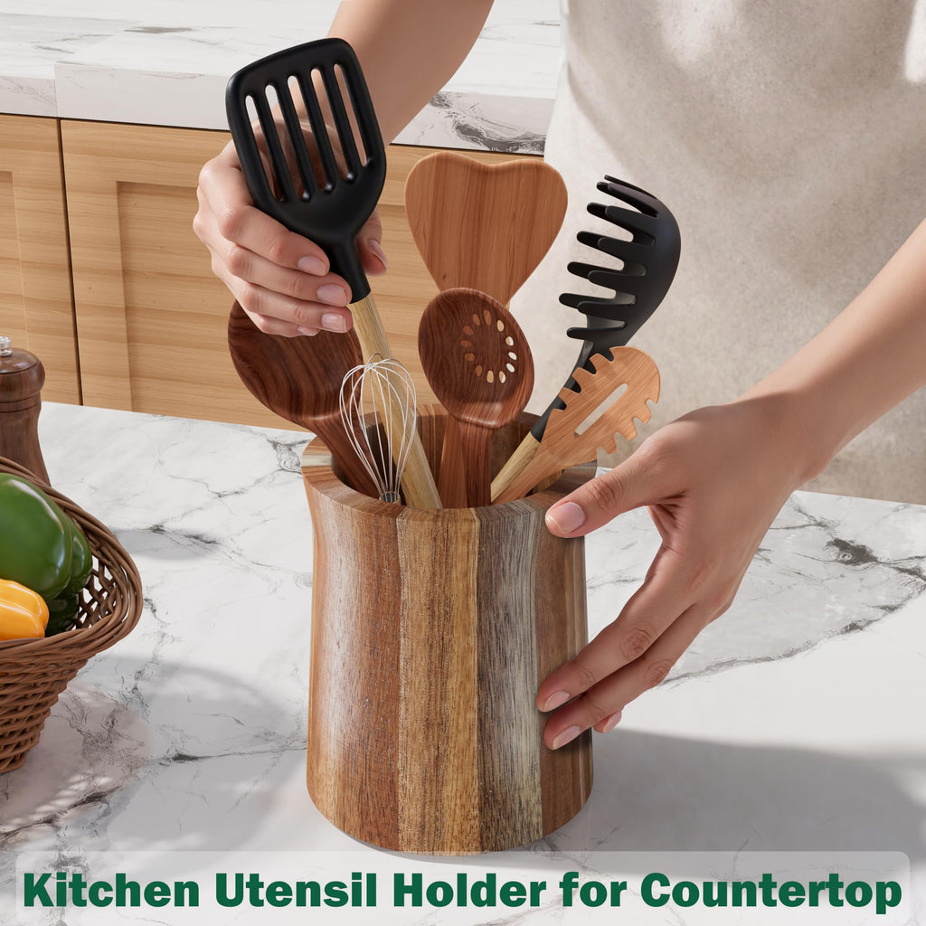 Segtenant Utensil Holder, Acacia Wood Utensil Holder for Kitchen Counter, 360° Rotating Cooking Utensil Crocks for Countertop, 7.2" Large Utensil Organizer for Spatula Storage
