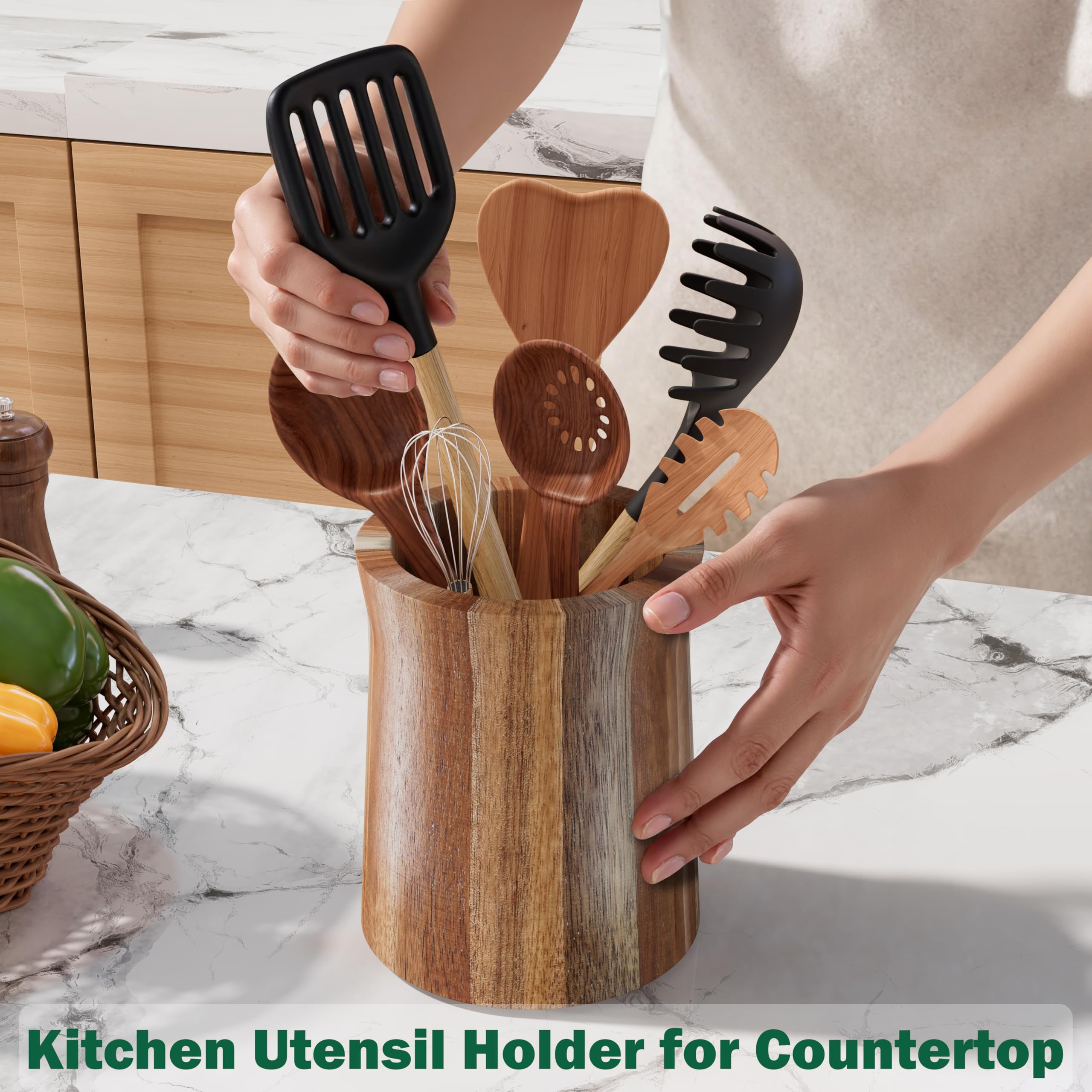 Segtenant Utensil Holder, Acacia Wood Utensil Holder for Kitchen Counter, 360° Rotating Cooking Utensil Crocks for Countertop, 7.2" Large Utensil Organizer for Spatula Storage