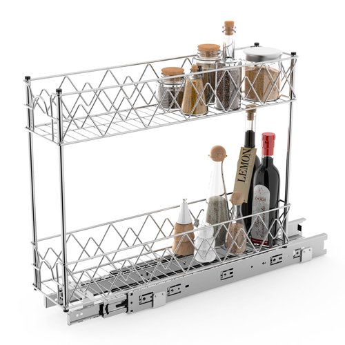 Glolaurge Narrow Pull Out Cabinet Organizer - 5" W x 21" D, 2-Tier Kitchen Cabinet Drawer Slide Out Shelves, Chrome