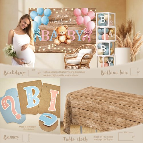 Bear Gender Reveal Decorations, He or She Gender Reveal Party Decoration, Boy or Girl Bear Theme Party Supplies with Backdrop BABY-Box Tablecloth Mom to Be Sash Dad to Be Pin Balloon Arch