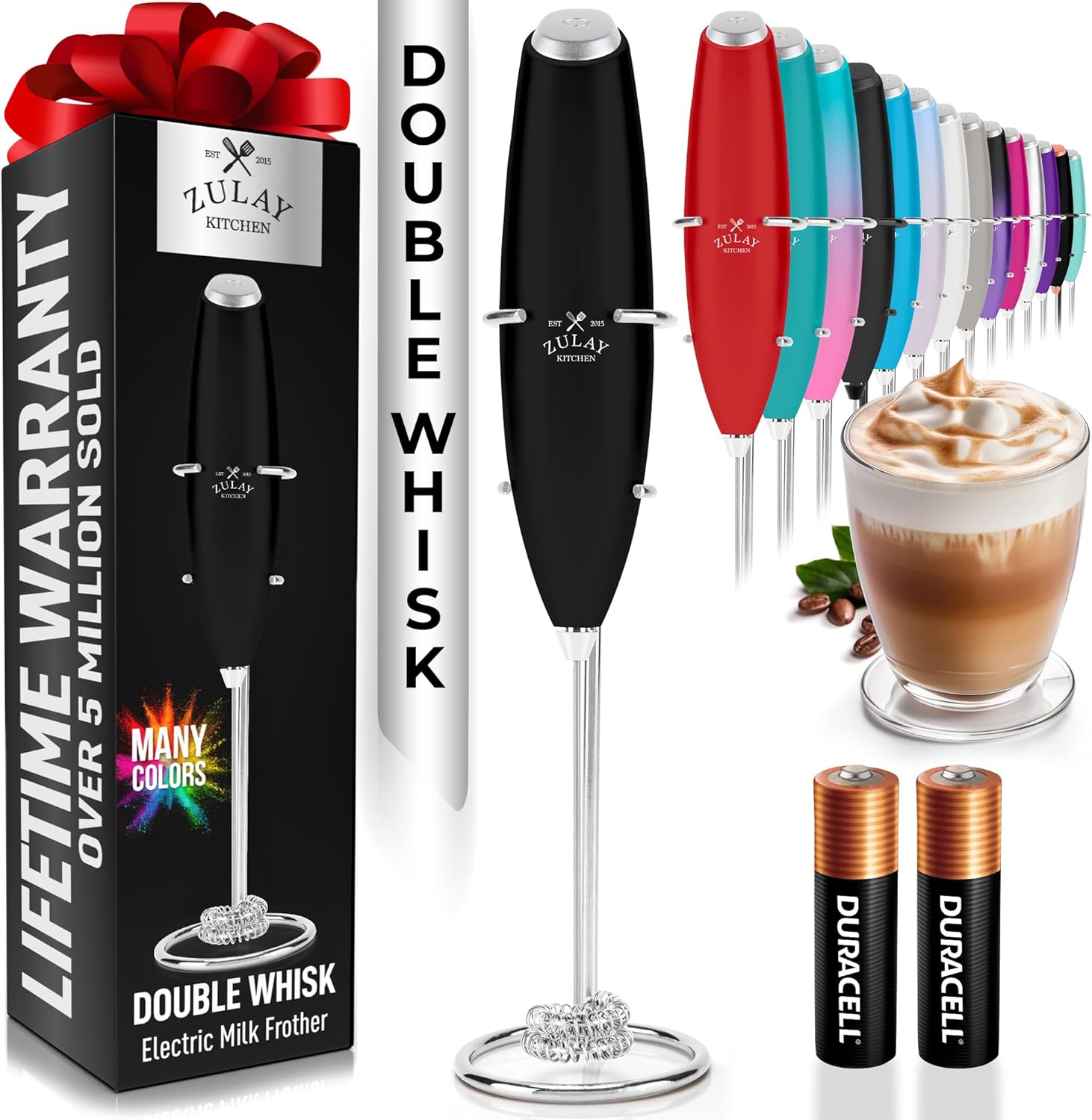 Zulay Kitchen Double Whisk Milk Frother - Powerful Handheld Foam Maker for Coffee, Lattes & More - Includes 2 Duracell Batteries