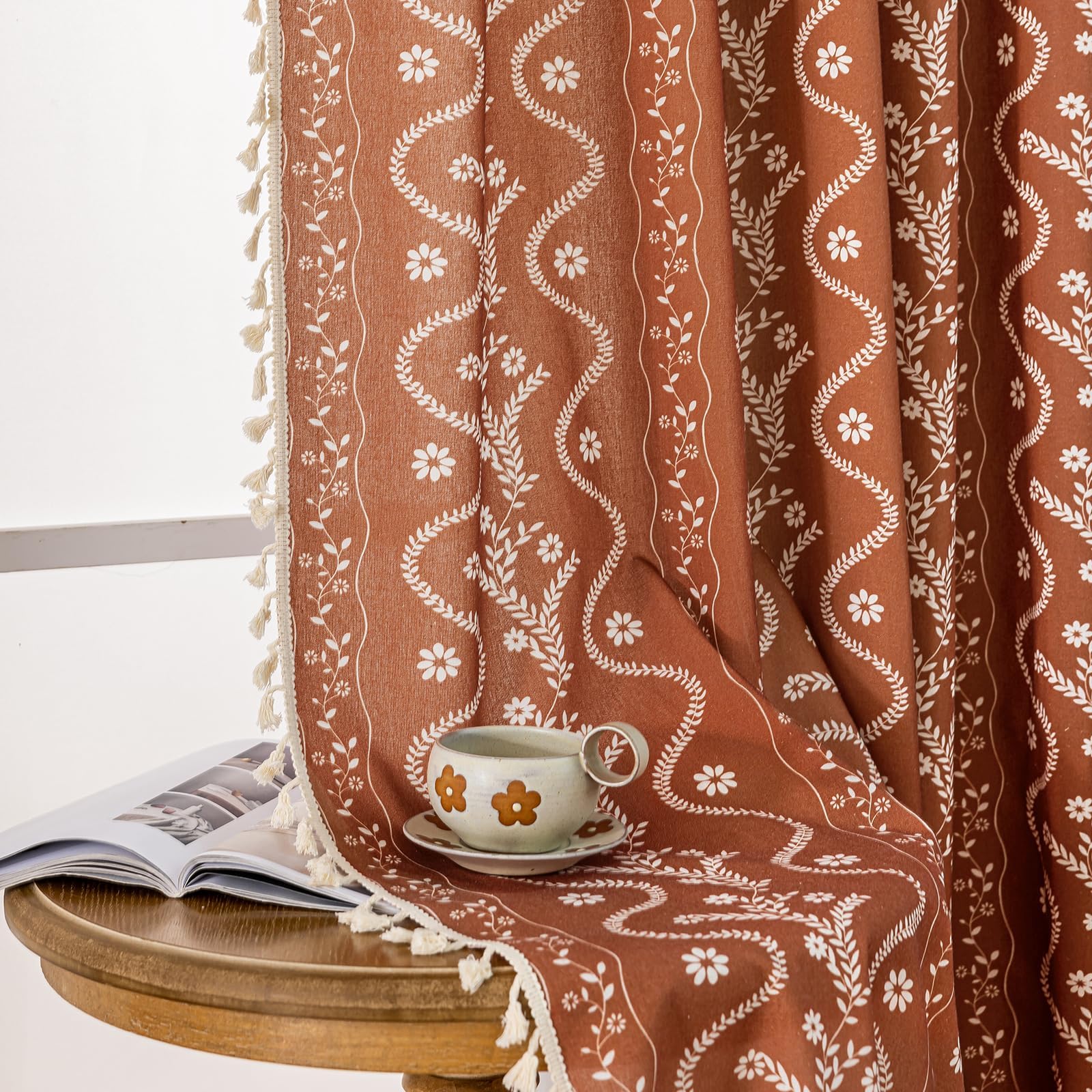 TIVNICO Burnt Orange Curtains for Living Room Patterned Farmhouse Curtains 2 Panels,Boho Linen Vintage Tassel Terracotta Floral Fall Window Curtain for Bedroom Dining Room Kitchen 84 Inch Long