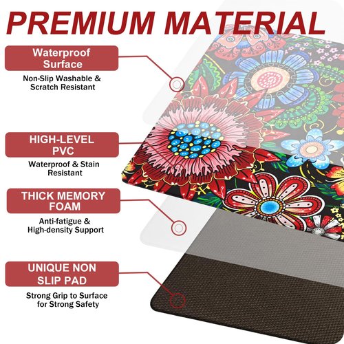 Likiyol Boho Kitchen Rugs Floral Kitchen Mats for Floor Bohemian Cushioned Anti Fatigue Mats for Kitchen Floor Non Slip Washable Kitchen Mat for Home, Sink, 18''x30''+18''x48''+18''x60'', Red