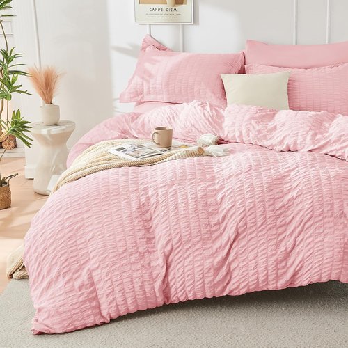 HYMOKEGE Pink Queen Comforter Set - 7-Piece All-Season Luxury Bedding in a Bag with Sheets & Pillowcases