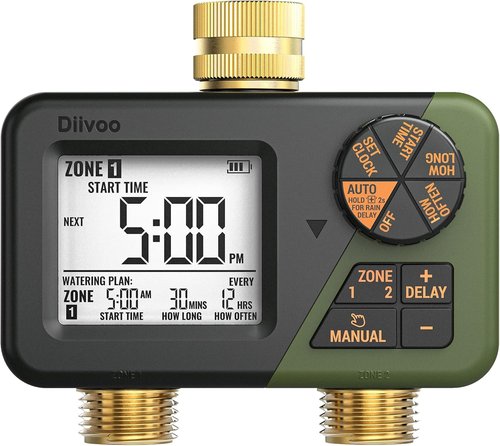 Diivoo Brass Sprinkler Timer - 2 Zone IP66 Waterproof Programmable Hose Timer | Large Display & Rain Delay for Garden Irrigation