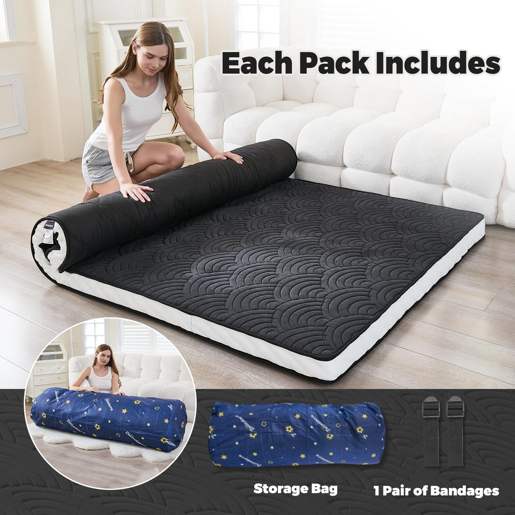 Zelladorra Japanese Floor Mattress, Quilted Futon Mattress with Anti-Slip Bottom, Foldable Floor Bed with Storage Bag and Straps, (Black, Full)