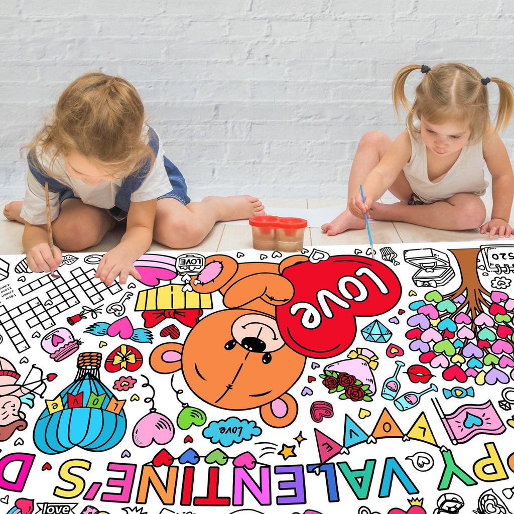 EUVBOKW Giant Valentine's Day Coloring Tablecloth, Large Happy Valentine Coloring Poster for Home Birthday Party Supplies, 30x72 Inches