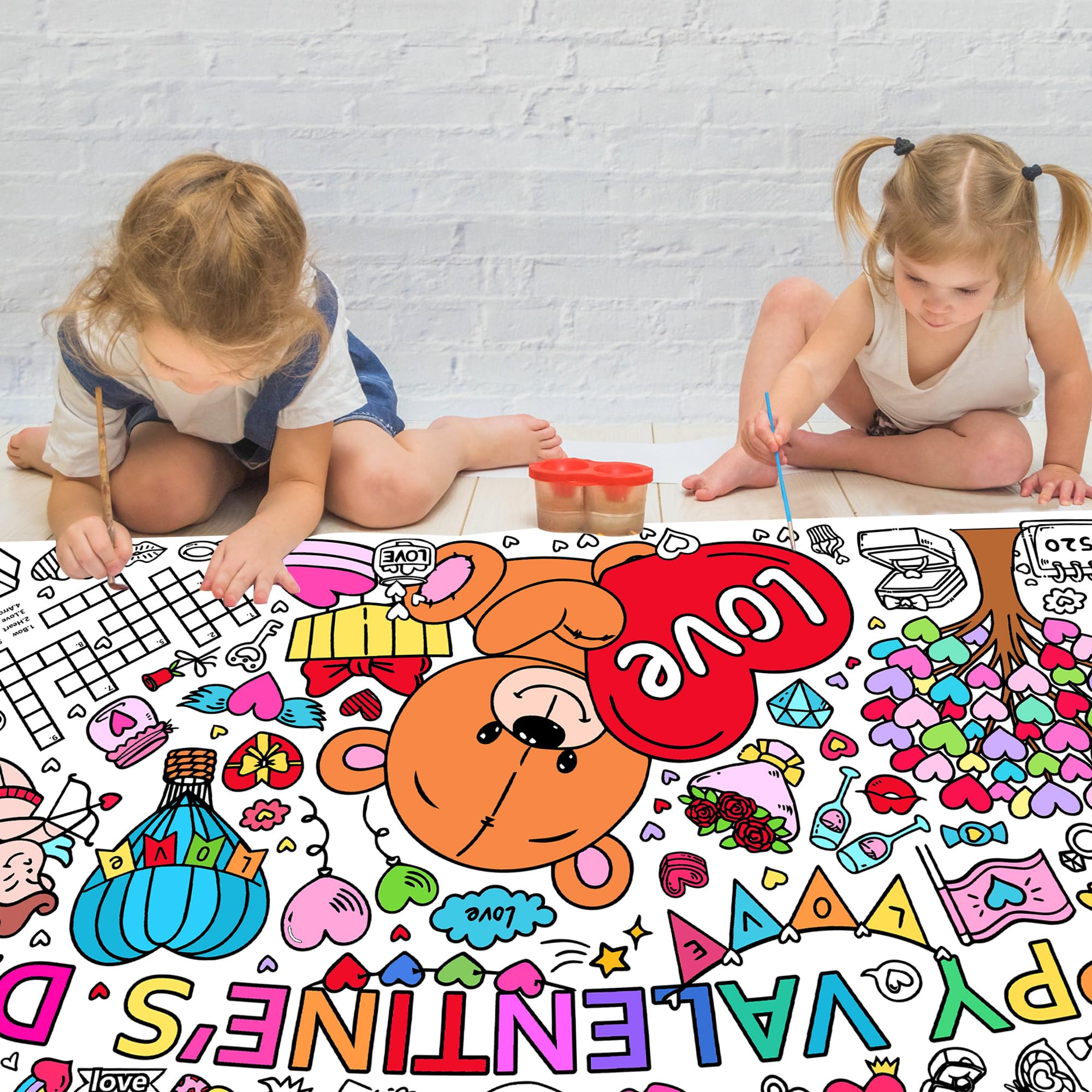 EUVBOKW Giant Valentine's Day Coloring Tablecloth, Large Happy Valentine Coloring Poster for Home Birthday Party Supplies, 30x72 Inches