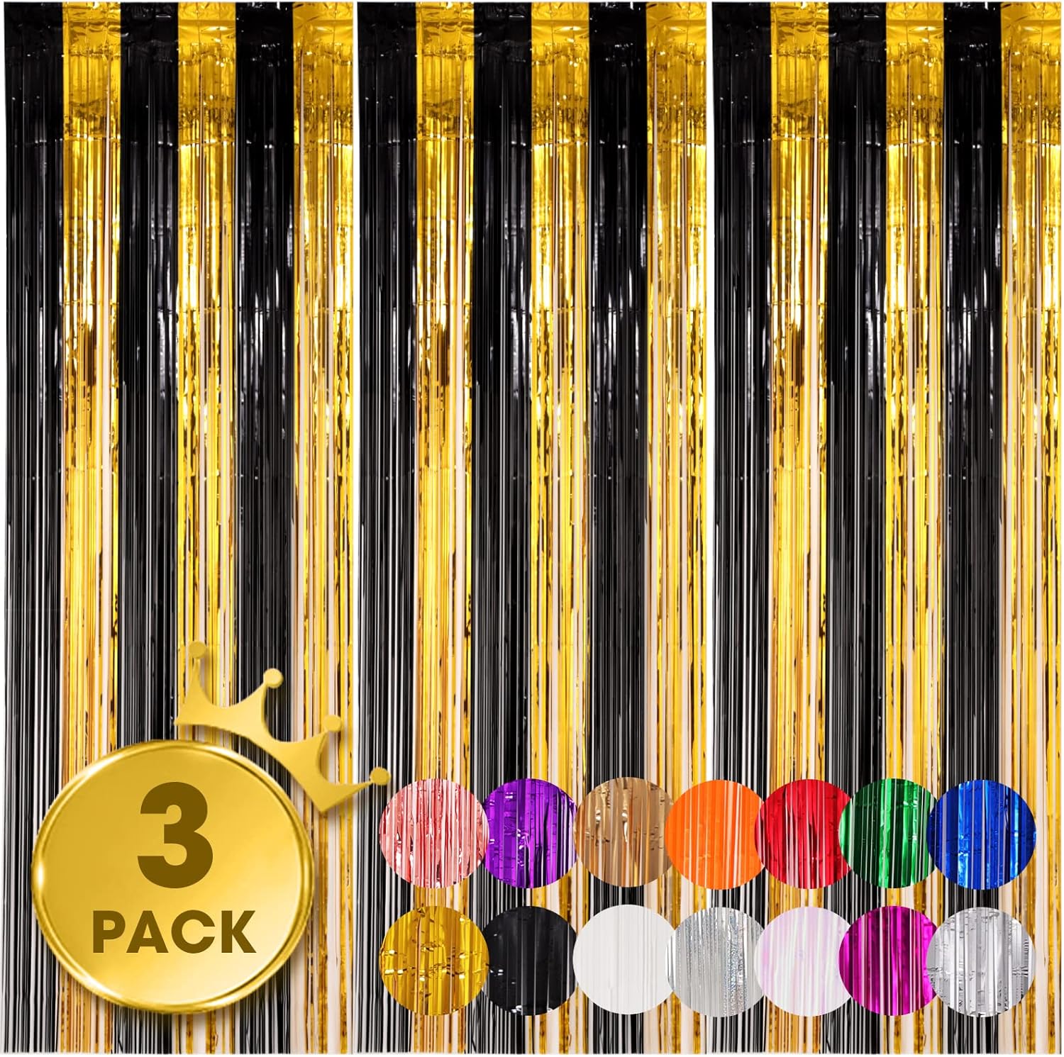 Voircoloria Black and Gold Foil Fringe Backdrop Curtains - 3 Pack Tinsel Streamers for Parties | 3.3x8.2 Feet
