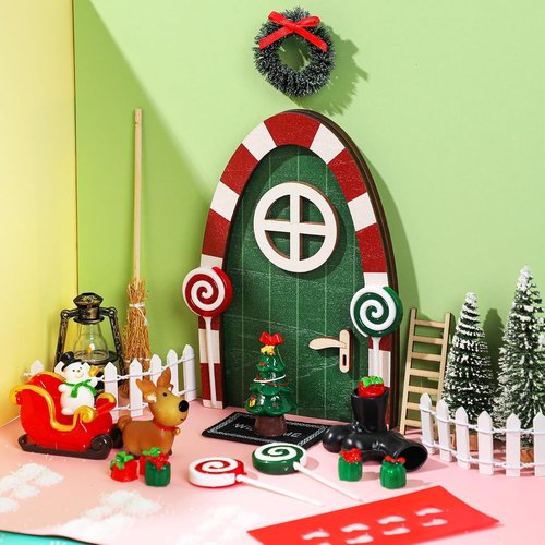 Gerrii Miniature Green Christmas Elf Fairy Door Kit - 25 Pcs Enchanted Decor for Dollhouses & Rooms