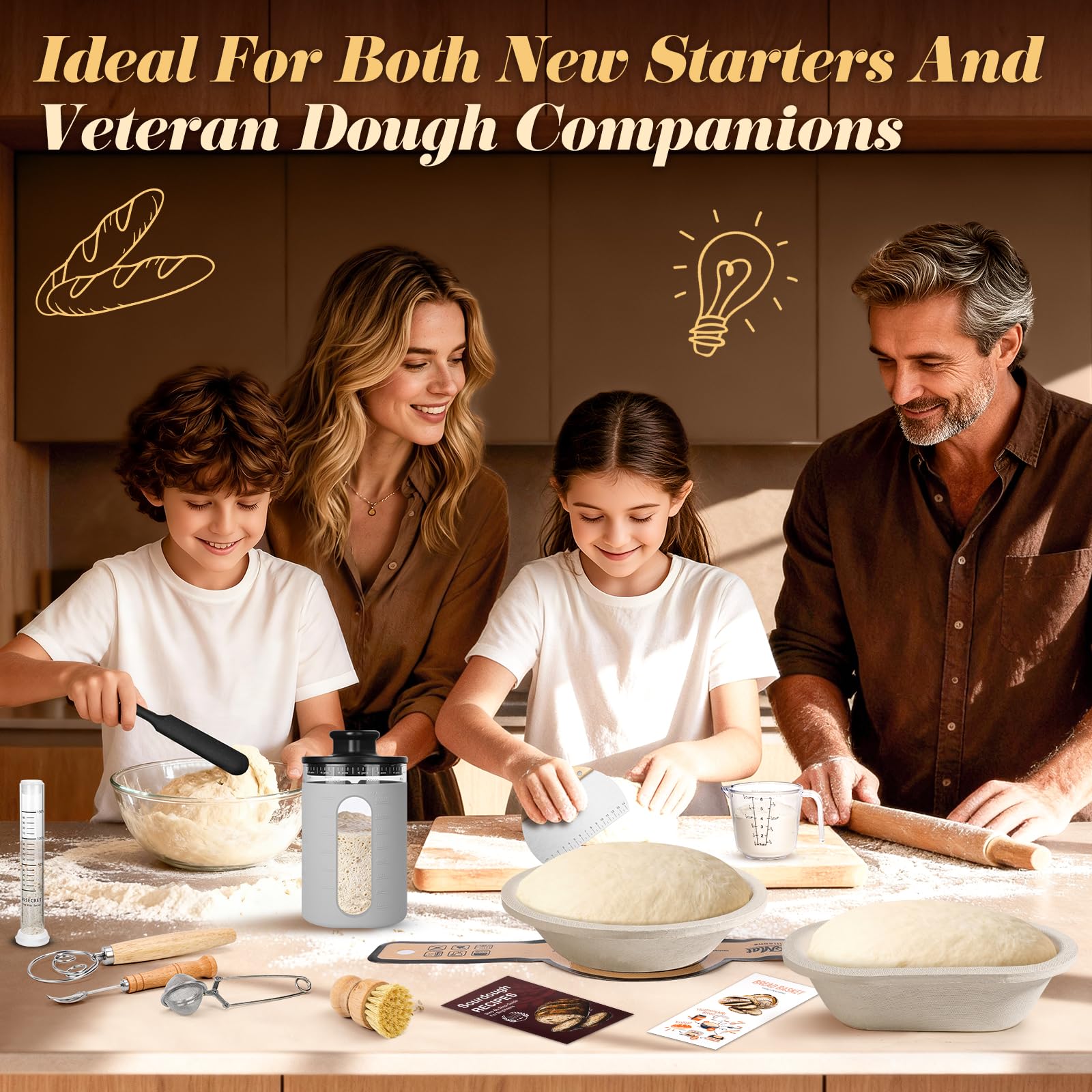 Sourdough Starter Kit with Aliquot Jar, Wood Pulp 9" Round & 10" Oval Bannetons & 34 oz Sourdough Starter Jar & Bread Sling Scrapers & Bag Complete Sourdough Baking Supplies