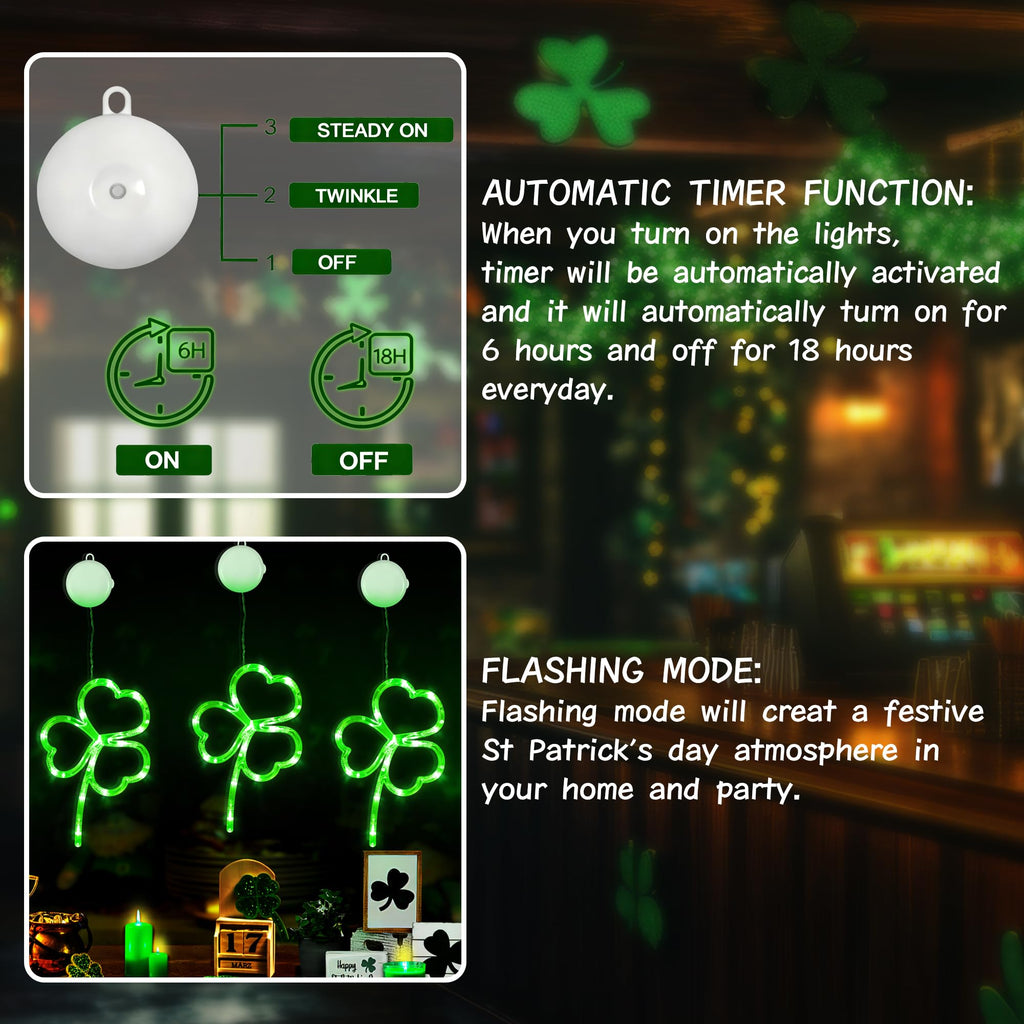 [Timer] 3 Pack St Patricks Day Decorations Shamrocks Window Lights Battery Operated, Green St. Patrick's Day Lights Saint Patricks Day Decor Window Silhouette Lights for Home Party Door Indoor Outdoor