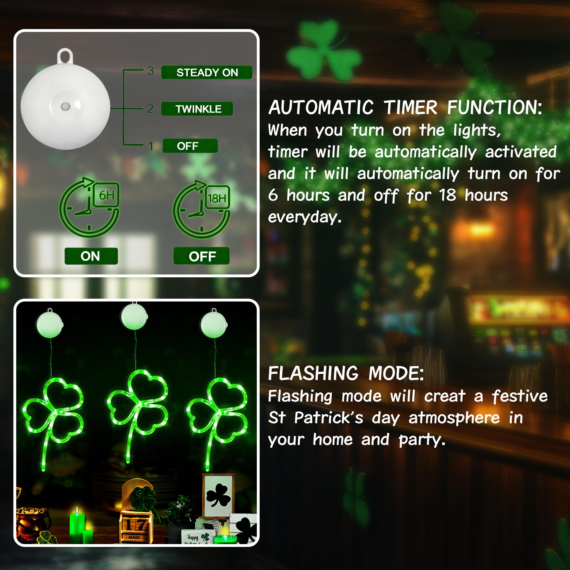 [Timer] 3 Pack St Patricks Day Decorations Shamrocks Window Lights Battery Operated, Green St. Patrick's Day Lights Saint Patricks Day Decor Window Silhouette Lights for Home Party Door Indoor Outdoor