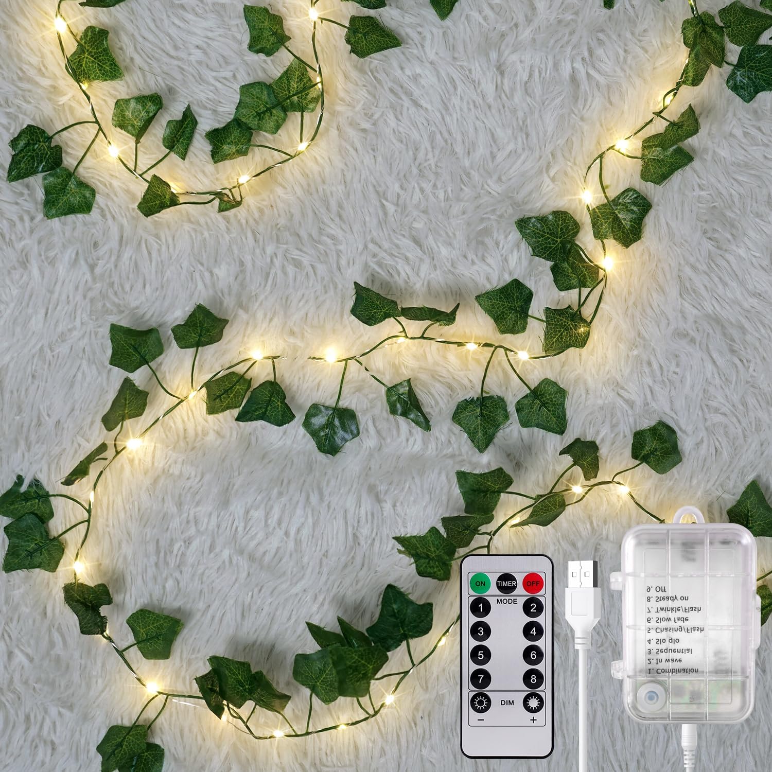 Skiennix 40ft LED Vine Fairy Lights - Battery Operated Ivy String Lights with Remote & Timer | Warm White for Indoor Decor