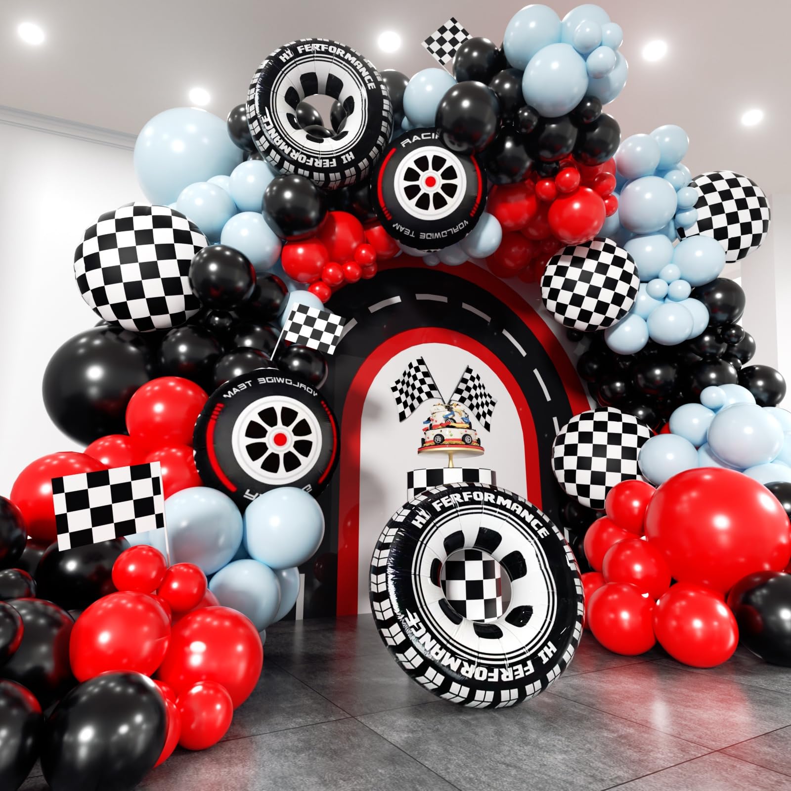EICUECUE Race Car Balloon Arch Kit - 168Pcs Different Size Balloons Tire Flags Checkered Black Red Blue Balloon Garland Kit for Racing Car Two Fast 2nd Theme Boy Birthday Anniversary Party Decorations