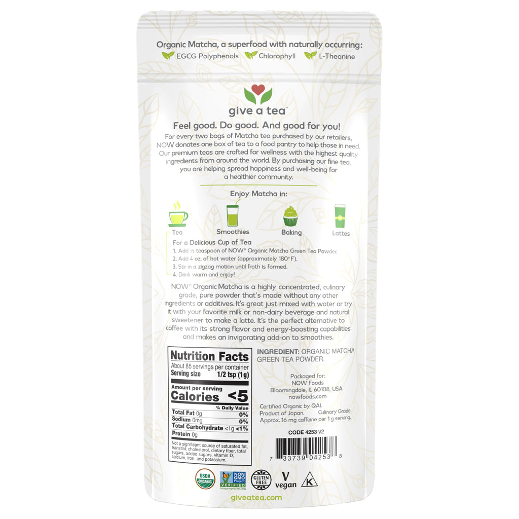NOW Foods, Certified Organic Matcha Green Tea Powder, Non-GMO Project Verified, 3-Ounce