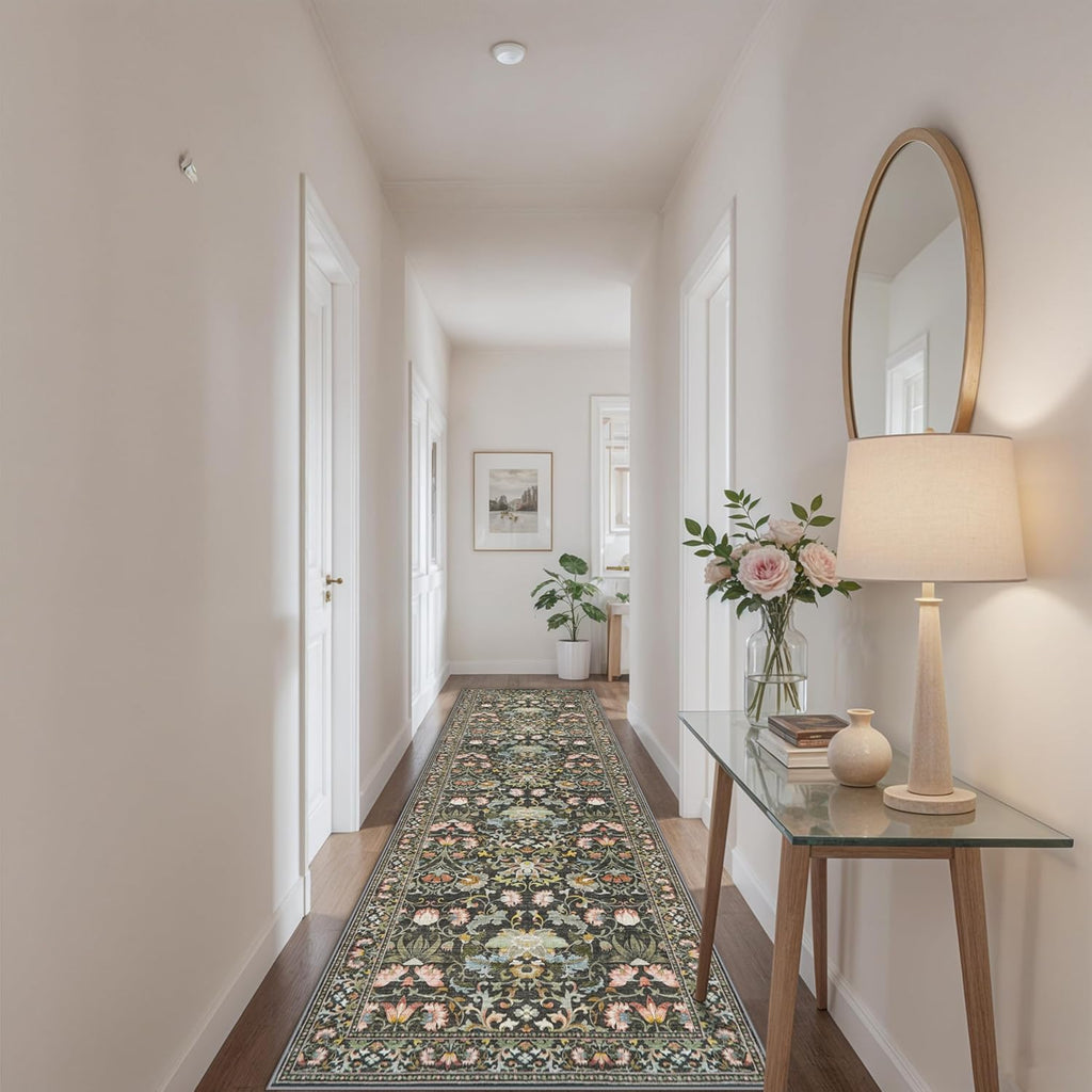 Skiennix Wide Hallway Runner Rug - 3x10 Water-Resistant Vintage Soft Carpet | Non-Slip Indoor Mat in Green