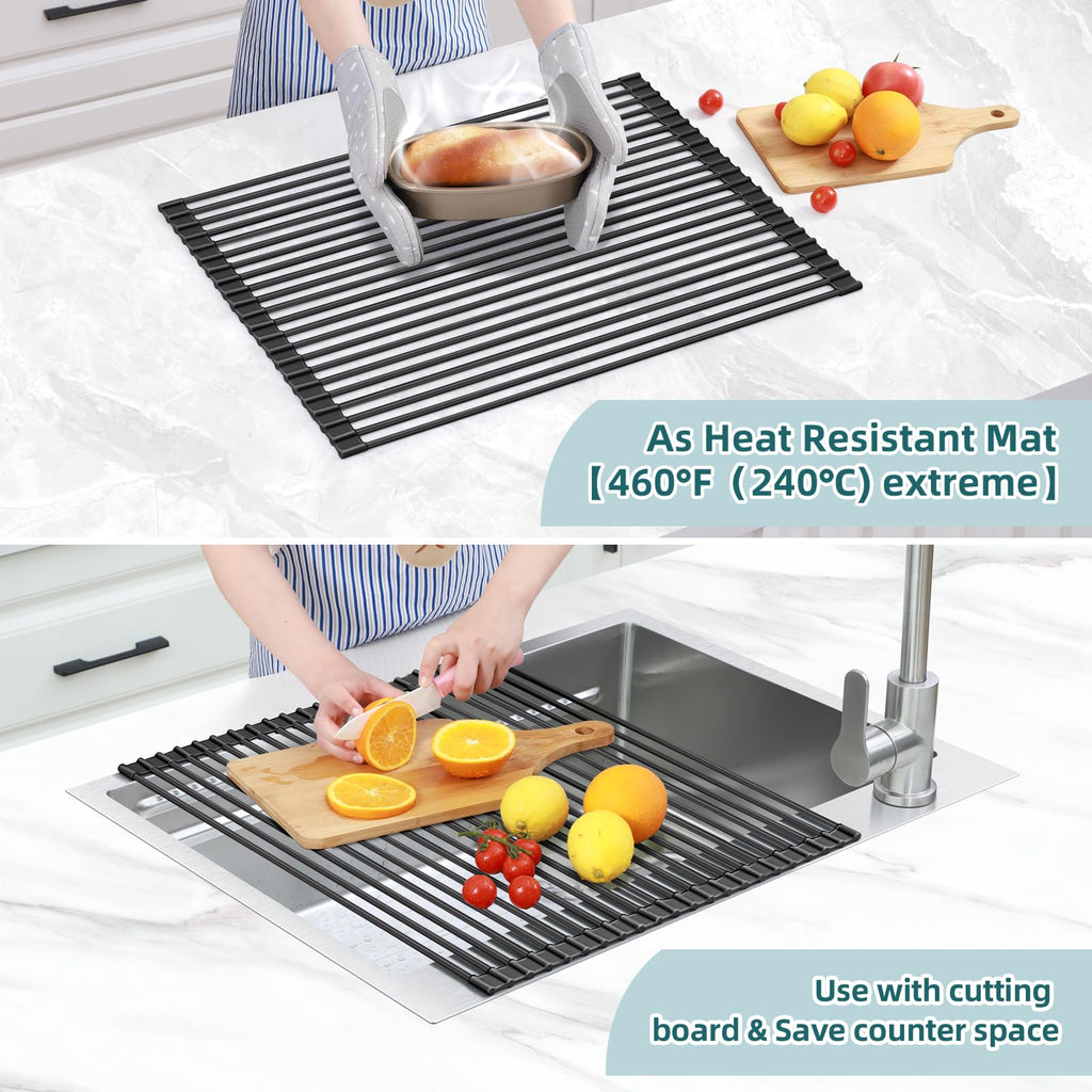 Ohuhu Sink Drying Rack, 20.5" W x 16.1" L Over Sink Roll-Up Dish Drainer - Rolling Foldable Accessories Heat-Resistant Mat Anti-Slip Silicone Coated Multipurpose for Kitchen Counter