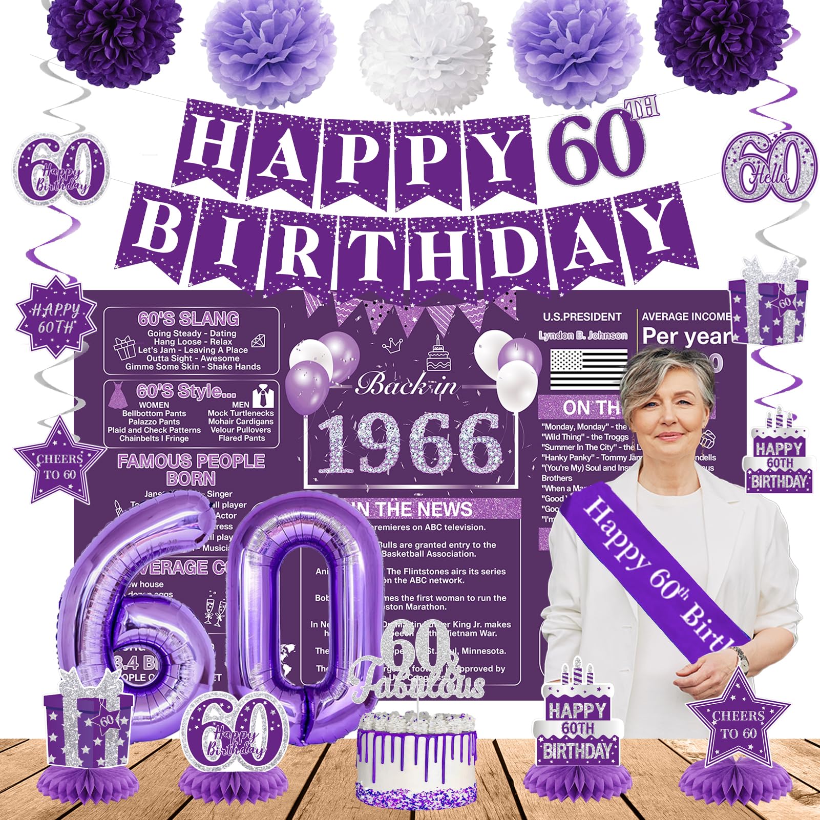 Crenics Purple 60th Birthday Decorations for Women - Back in 1966 Backdrop, Banner, Swirls, Centerpieces, Sash, Paper Pom Poms, Cake Topper and Balloons for 60 Birthday Party Supplies