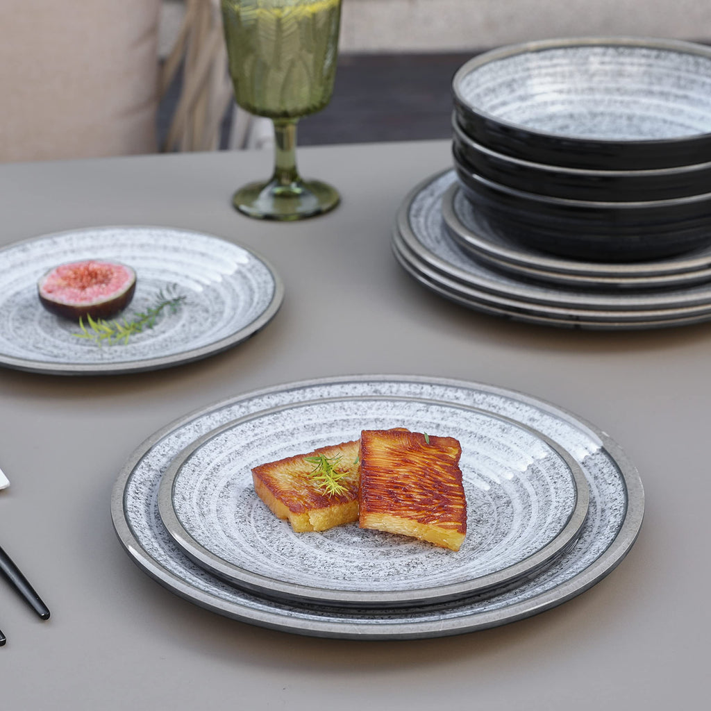 Melamine Dinnerware Sets 12 PCS - Service for 4 Plates & Bowls Sets Dishwasher Top-Shelf Safe, BPA Free Dinner Dishes Set for Everyday Use-Granite Pattern Black Back