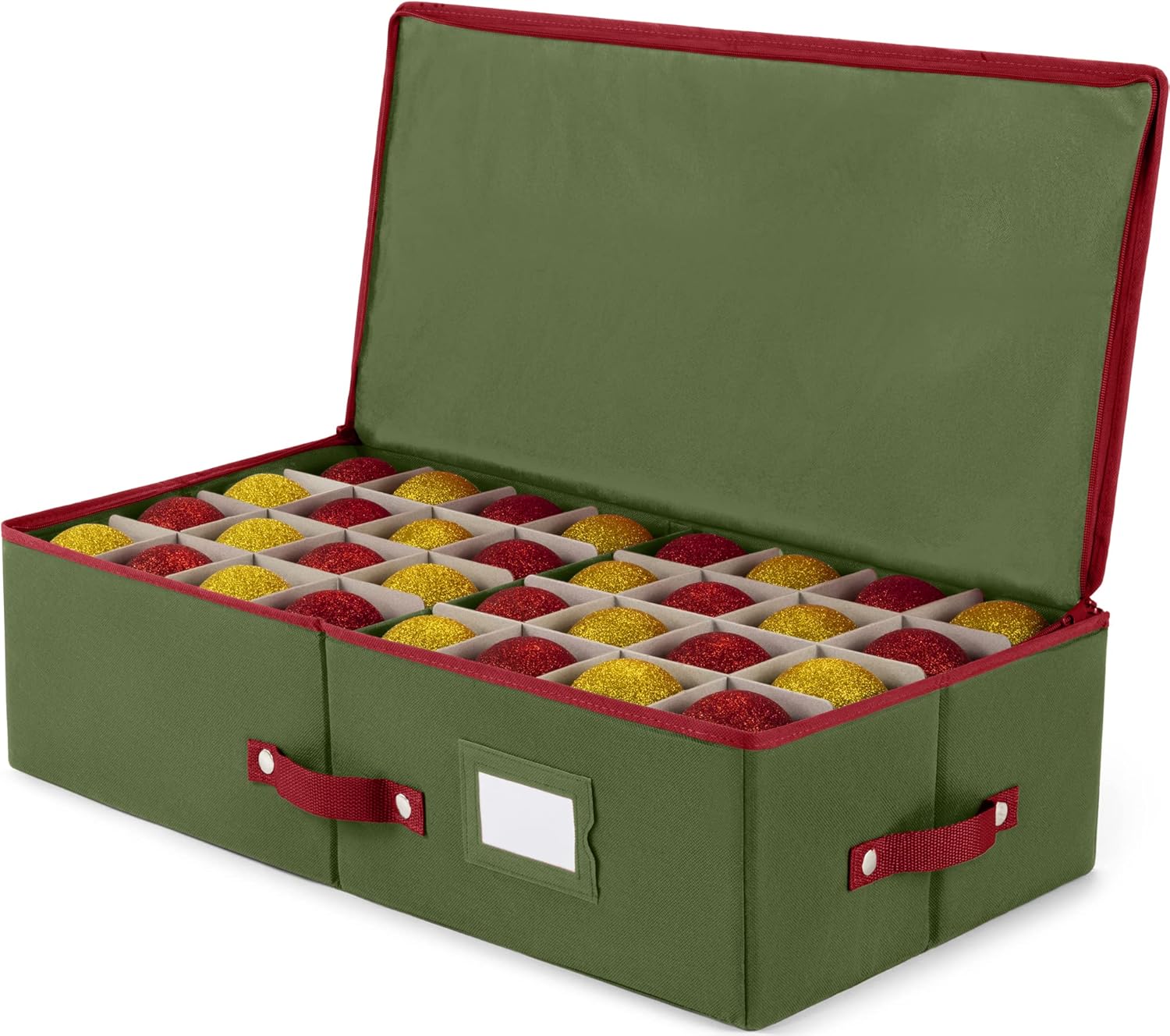 ZOBER Christmas Ornament Storage Box - Holds 64 Ornaments with Dividers - Durable Tear-Proof 600D Oxford Fabric - Green
