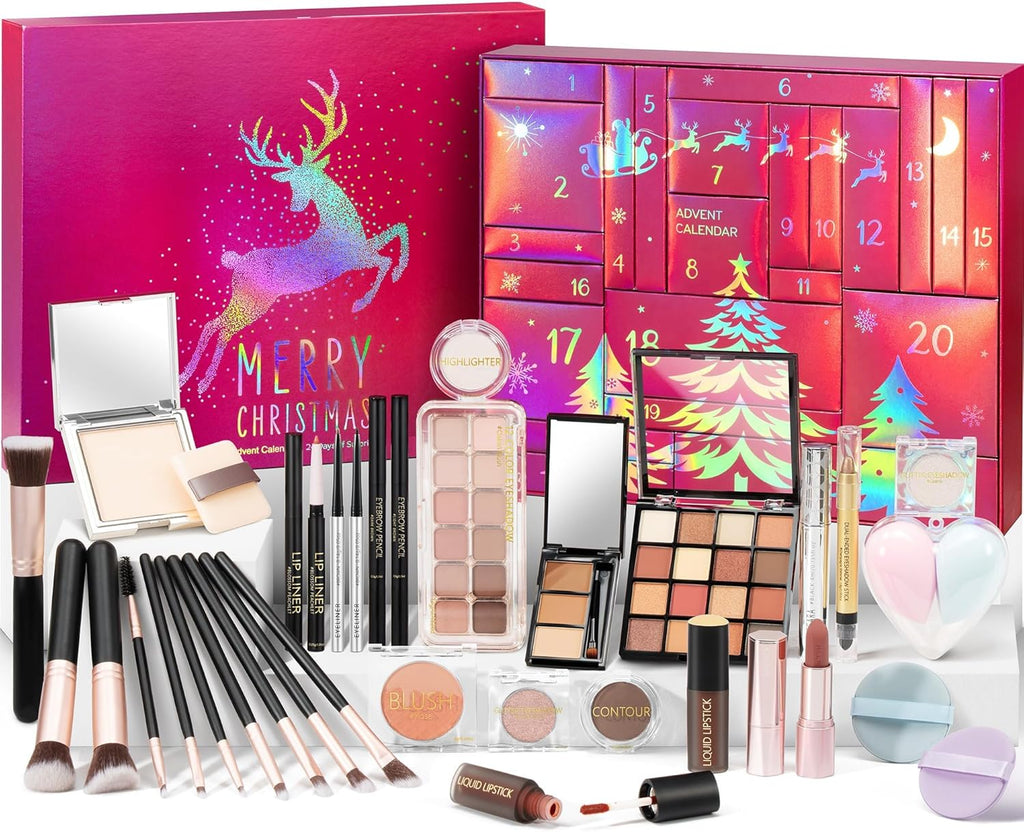 Qinline Makeup Advent Calendar 2025 | 24-Day Christmas Countdown for Women & Teens - Full Face Cosmetic Gift Set
