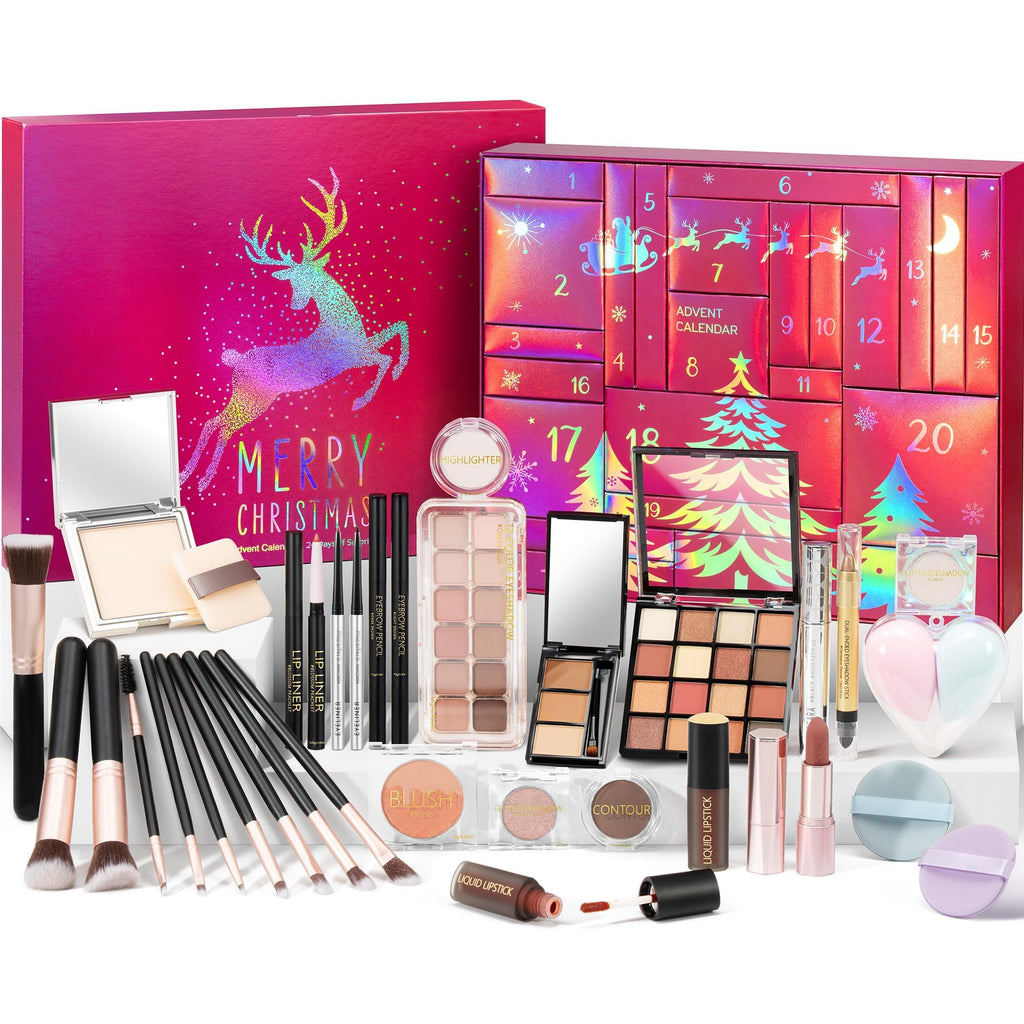 Qinline Makeup Beauty Advent Calendar 2025, 24 Days Christmas Countdown Calendar for Adults Women & Teen Girls - Cosmetic Advent Full Face Make Up Calendar Kit Xmas Gift Set for Wife Mom Friend Girlfriends