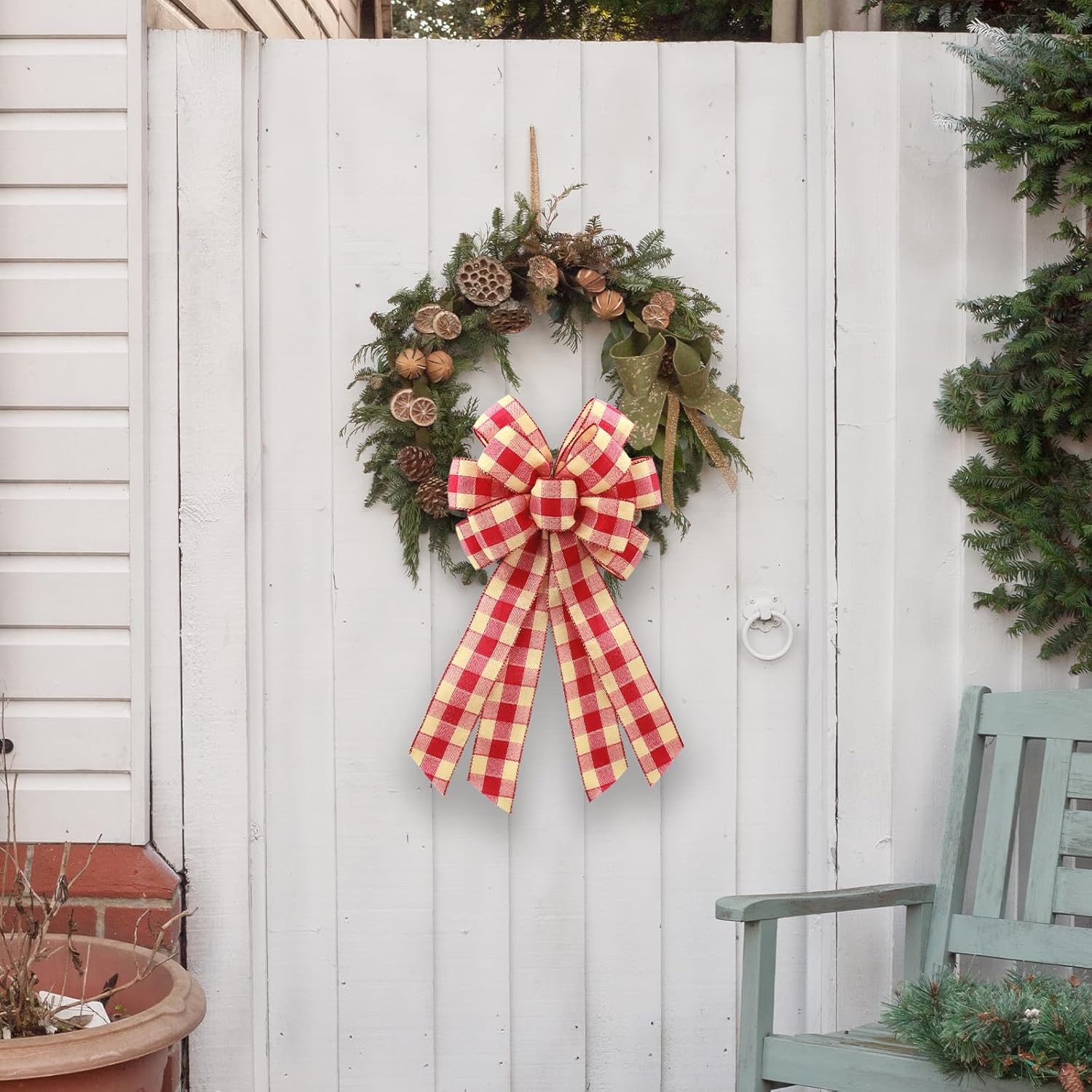 Regine Switzerland Large Red Linen Buffalo Plaid Wreath Bow - Rustic Farmhouse Decor for Weddings & Holidays