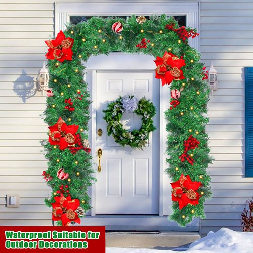 9FT Christmas Garland with 100 Lights Battery Operated,Artificial Prelit Garlands with Red Balls,Pine Cones,Cedar Branches,Christmas Decorations for Stairs Outdoor Indoor Holiday Home Fireplace Decor