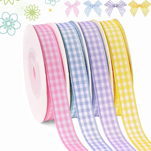 Gingham Ribbon by Spring | Thin Checkered Polyester for Gift Wrapping & Crafts | 10 Yds x 3/8 In | Pink/Purple/Blue/Yellow