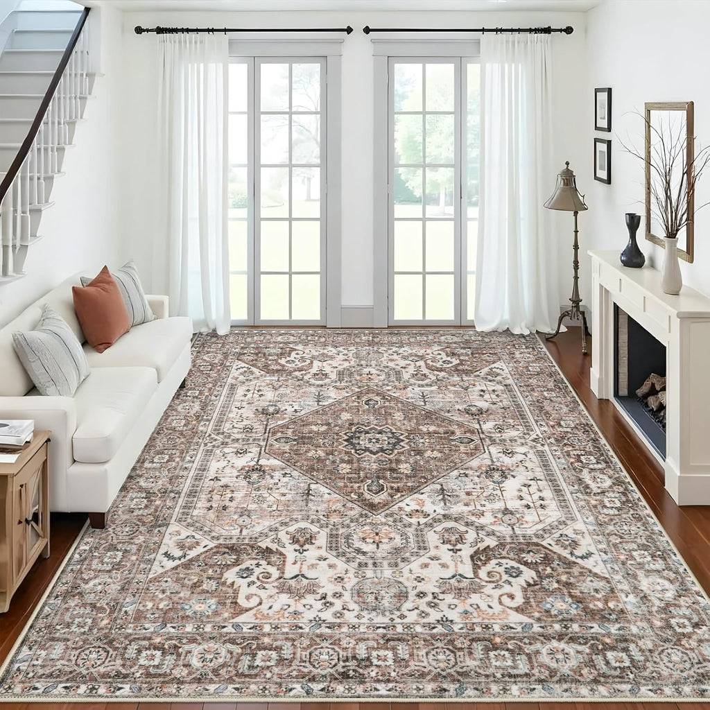Skiennix Washable 9x12 Large Area Rug - Vintage Non-Slip Medallion Design for Living Room & Bedroom